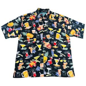Big Dogs Hawaiian Shirt Black Tropical Cocktail Print Beach Camp Button Up - XL